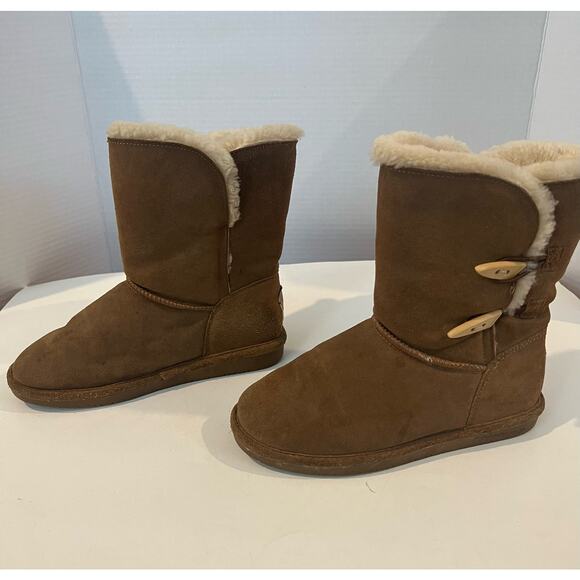 BEARPAW Shoes - Bearpaw Womens Winter Boots Brown Mid Calf Button Flat Faux‎ Fur Lined 7